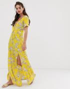 Miss Selfridge Maxi Dress With Button Through In Yellow Pattern - Yellow
