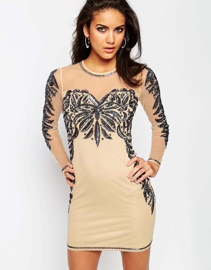 Asos Embellished Mesh Sweetheart Body-conscious Mini Dress - Nude