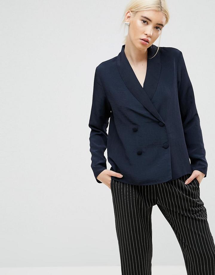 Asos Relaxed Blouse With Double Breast Detail - Navy
