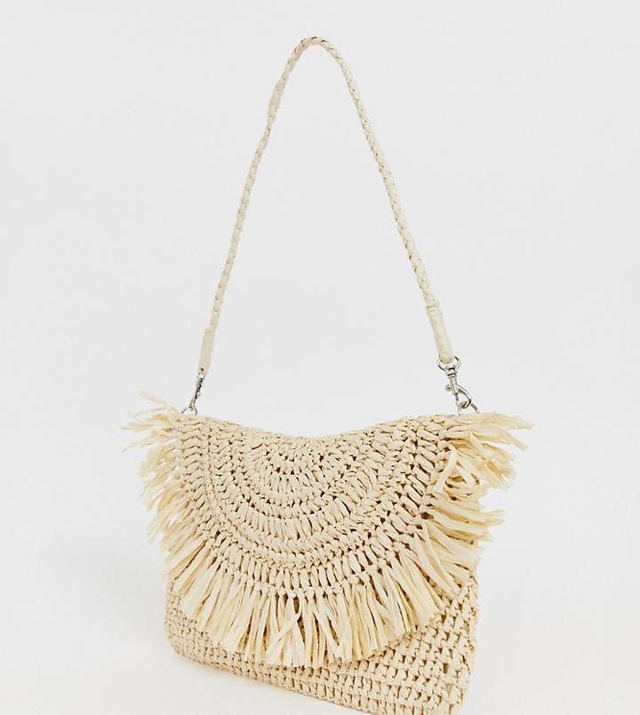 South Beach Exclusive Frayed Edge Natural Straw Clutch Bag With Detachable Shoulder Strap - Beige