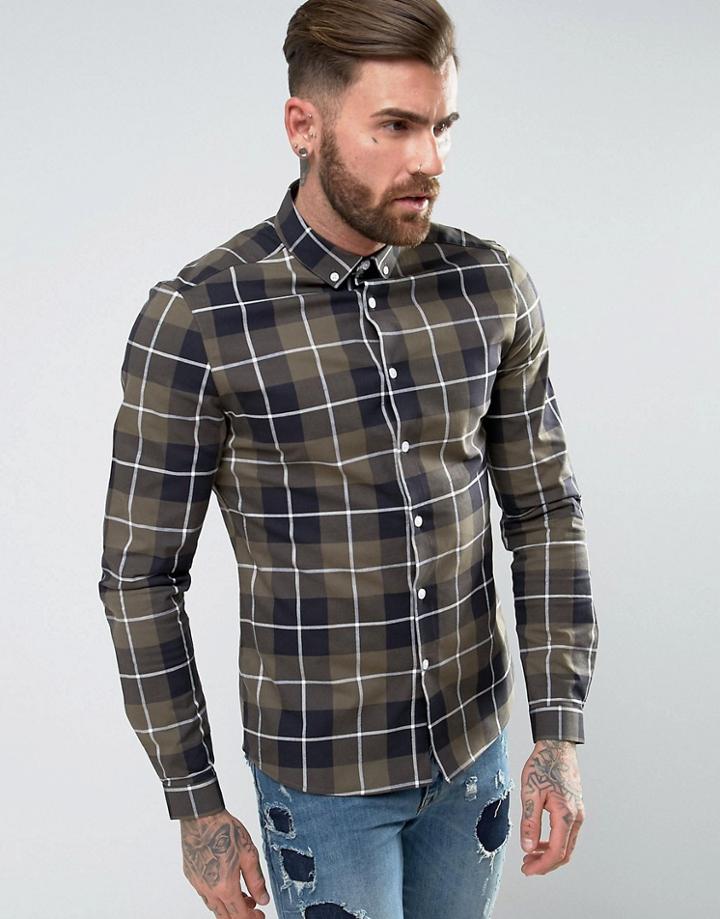 Asos Stretch Slim Check Shirt In Khaki - Green