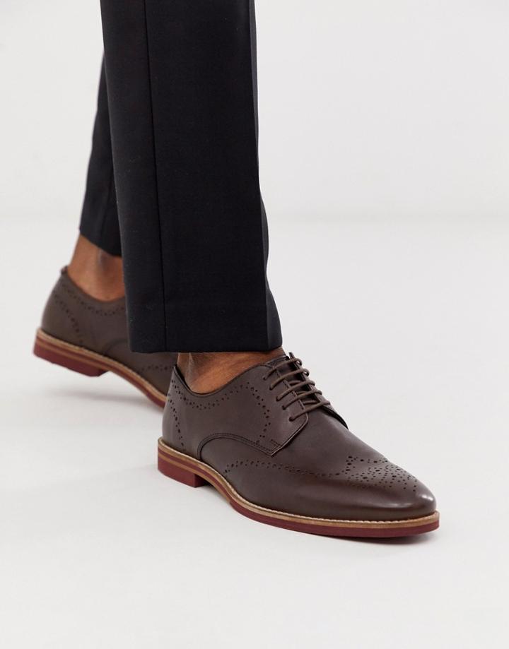 Asos Design Brogue Shoes In Brown Leather - Brown