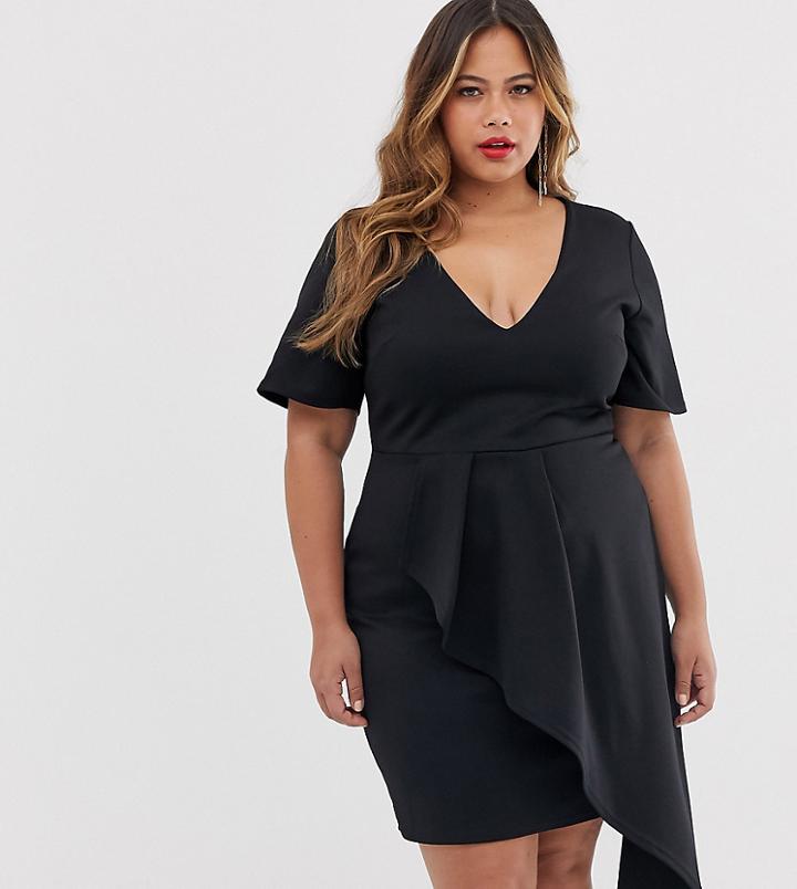 True Violet Plus Plunge Front Midi Dress With Asymmetric Ruffle Detail In Black