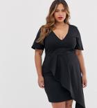 True Violet Plus Plunge Front Midi Dress With Asymmetric Ruffle Detail In Black