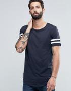 Only And Sons Longline T-shirt With Arm Stripes And Curved Hem - Navy