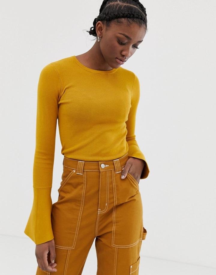 Asos Design Skinny Crew Neck Sweater With Flared Sleeve - Beige