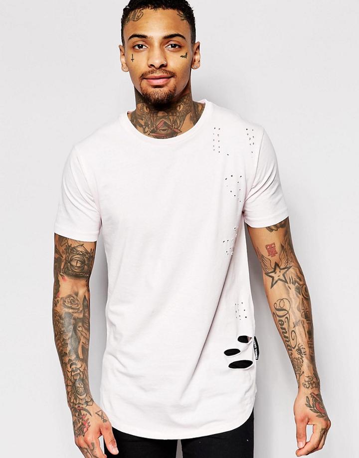 Criminal Damage Longline T-shirt With Distressing - Pink