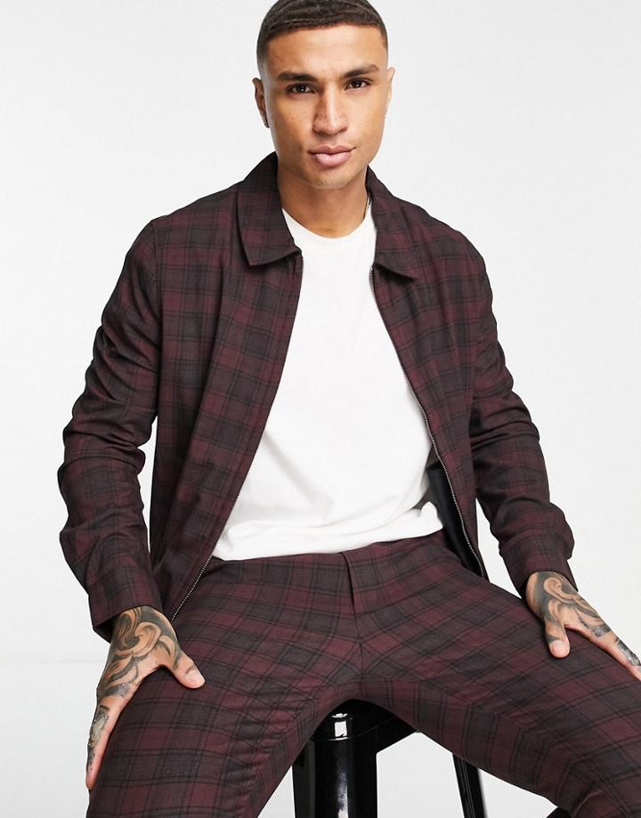 Asos Design Smart Tartan Harrington Jacket In Burgundy - Part Of A Set-red