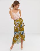Asos Design Palm Print Satin Wrap Maxi Skirt - Multi