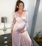 Tfnc Maternity Long Sleeve Wrap Front Sateen Midi Dress With Belt In Pink