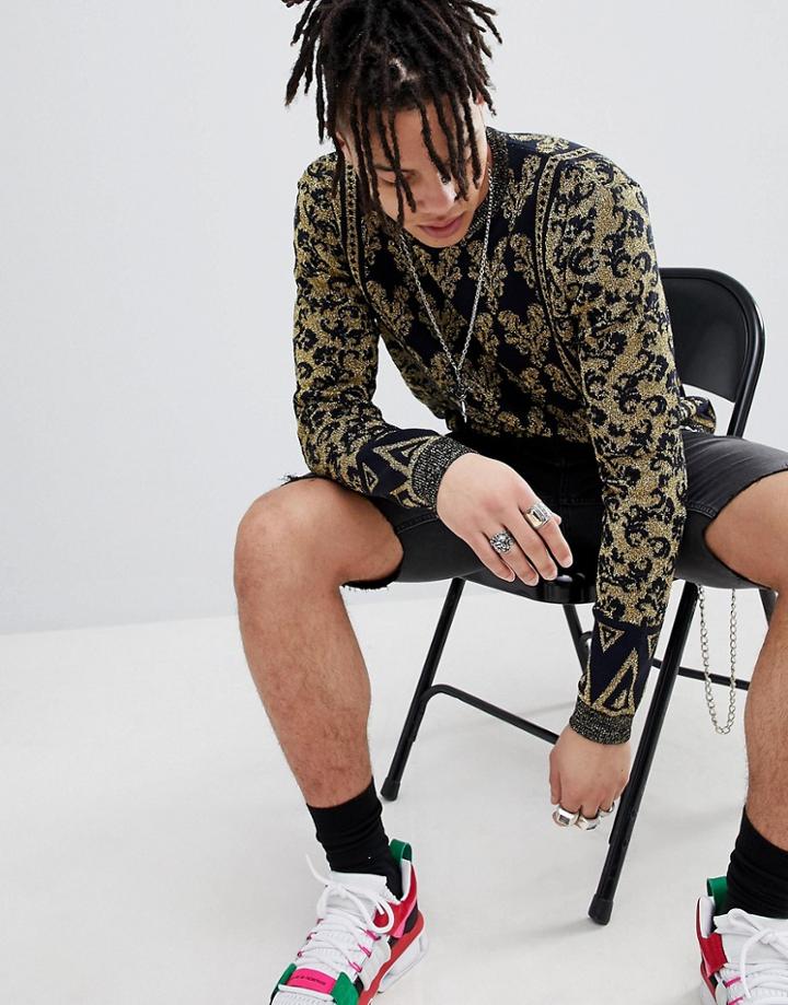 Asos Design Floral Pattern Sweater In Navy With Gold Metallic Yarn - Navy