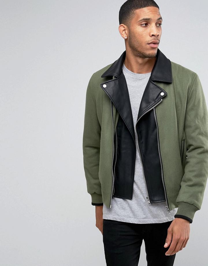 Asos Wool Mix Bomber Jacket With Removable Biker In Khaki - Green