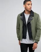 Asos Wool Mix Bomber Jacket With Removable Biker In Khaki - Green
