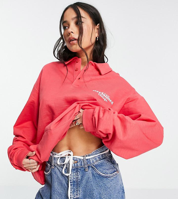 Reclaimed Vintage Inspired Unisex Rugby Sweatshirt With Chest Logo Print In Red