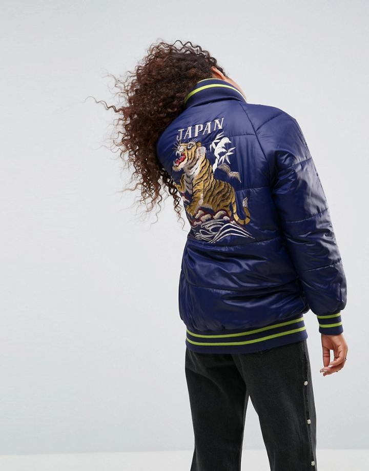 Asos Puffer Coat With Sporty Rib And Tiger Embroidery - Navy
