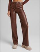 Bershka Faux Leather Straight Leg Pant In Brown