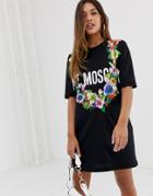 Love Moschino Tropical Floral Print Logo T-shirt Dress - Black