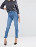 Asos Farleigh Slim Mom Jeans In Jecca Pretty Midwash Side Tabs With Split Hem - Blue
