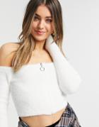 Bershka Fluffy Knit Bardot Zip Up Sweater In White