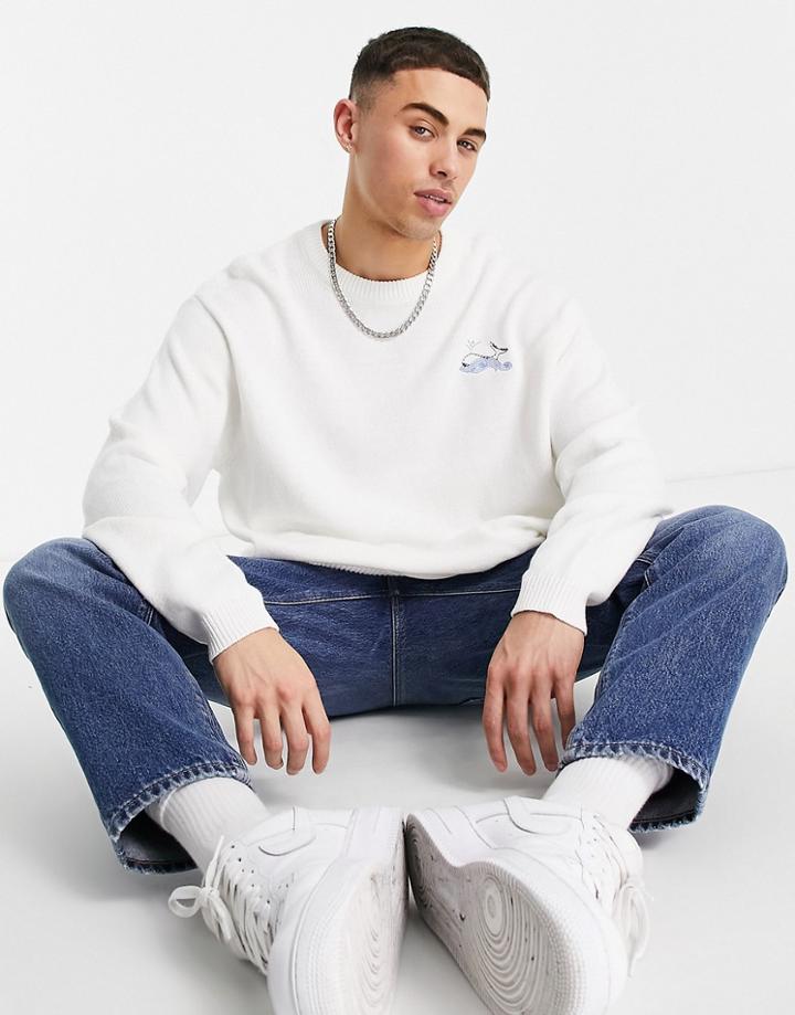 Asos Design Knitted Sweater With Whale Embroidery In White