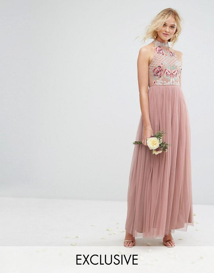Maya High Neck Embroidered Rose Tulle Maxi Dress - Brown