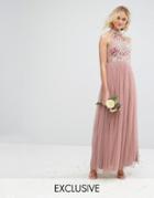 Maya High Neck Embroidered Rose Tulle Maxi Dress - Brown