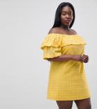Fashion Union Plus Off Shoulder Dress With Ruffle In Broderie - Yellow