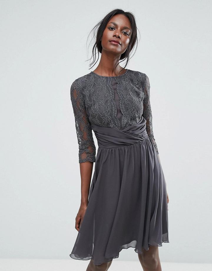 Elise Ryan Ruched Waist Lace Midi Dress With 3/4 Length Sleeve - Gray