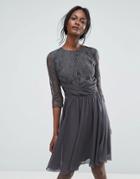 Elise Ryan Ruched Waist Lace Midi Dress With 3/4 Length Sleeve - Gray