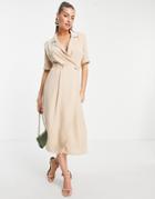 Asos Design Wrap Tux Midi Dress With Shoulder Pads In Stone-neutral