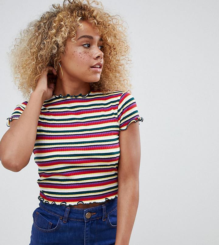 Asos Design Petite 90s Crop Top In Retro Stripe With Lettuce Edges - Multi