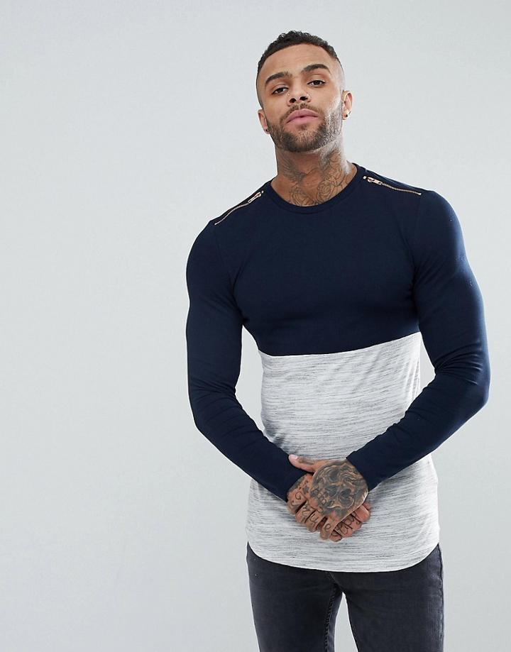 Asos Longline Muscle Long Sleeve T-shirt With Textured Body And Rose Gold Zips - Navy