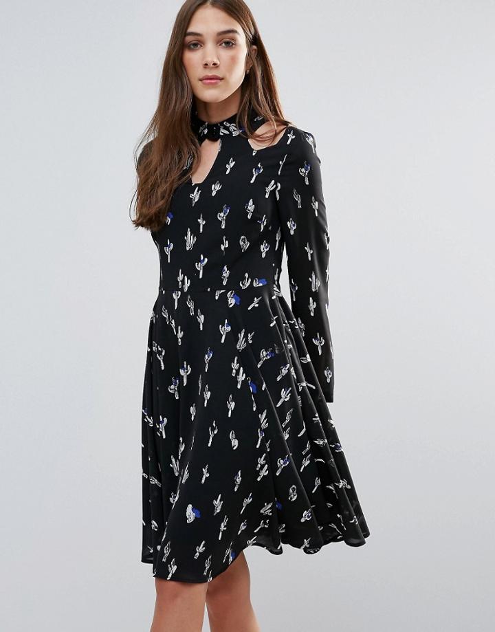 Liquorish Long Sleeve A Line Cactus Print Cut Out Dress - Multi