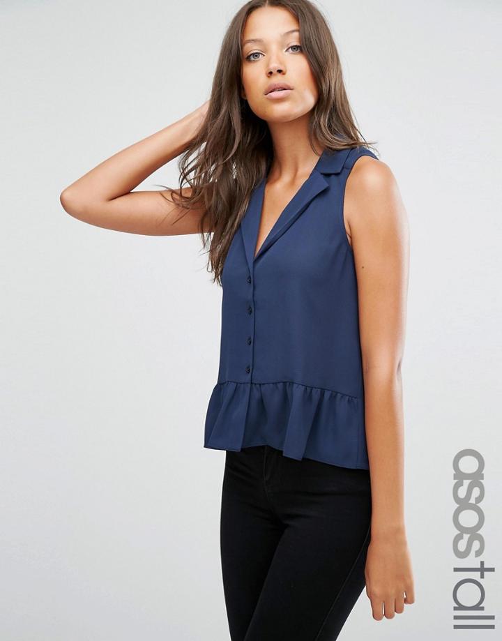 Asos Tall Sleeveless Ruffle Hem Blouse - Navy
