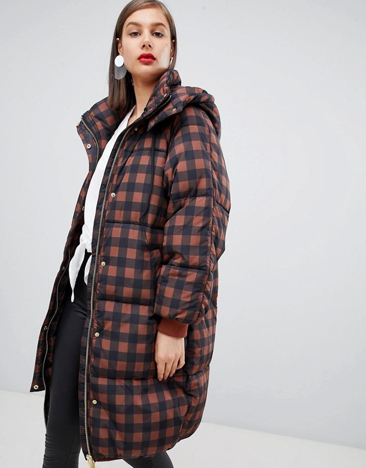Moss Copenhagen Oversized Longline Padded Jacket In Check - Brown