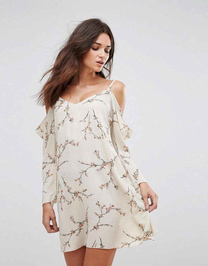 Ax Paris Floral Cold Shoulder Long Sleeve Dress - Cream