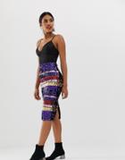 Oasis Bodycon Sequin Midi Skirt In Purple Stripe - Multi