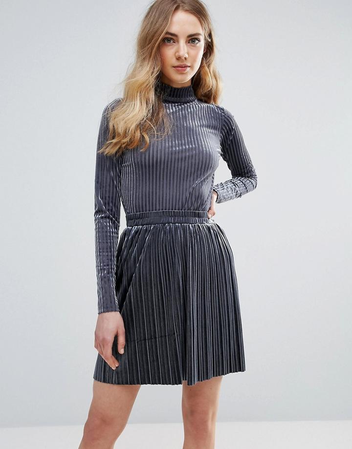 Ichi High Neck Velvet Top - Gray
