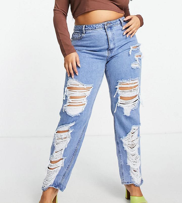 Missguided Plus Dad Jean With Distressed Detail In Blue-blues