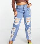 Missguided Plus Dad Jean With Distressed Detail In Blue-blues