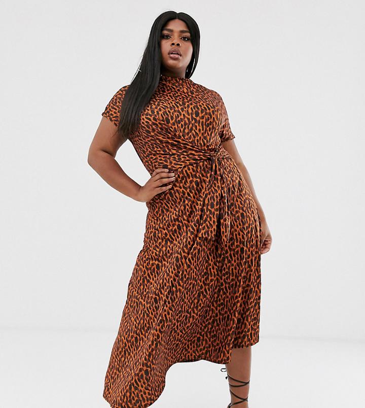 Asos Design Curve Cowl Neck Tie Waist Midi Dress In Tortoiseshell Print-multi