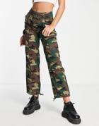 Pull & Bear Straight Leg Cropped Camo Cargo Pants In Green