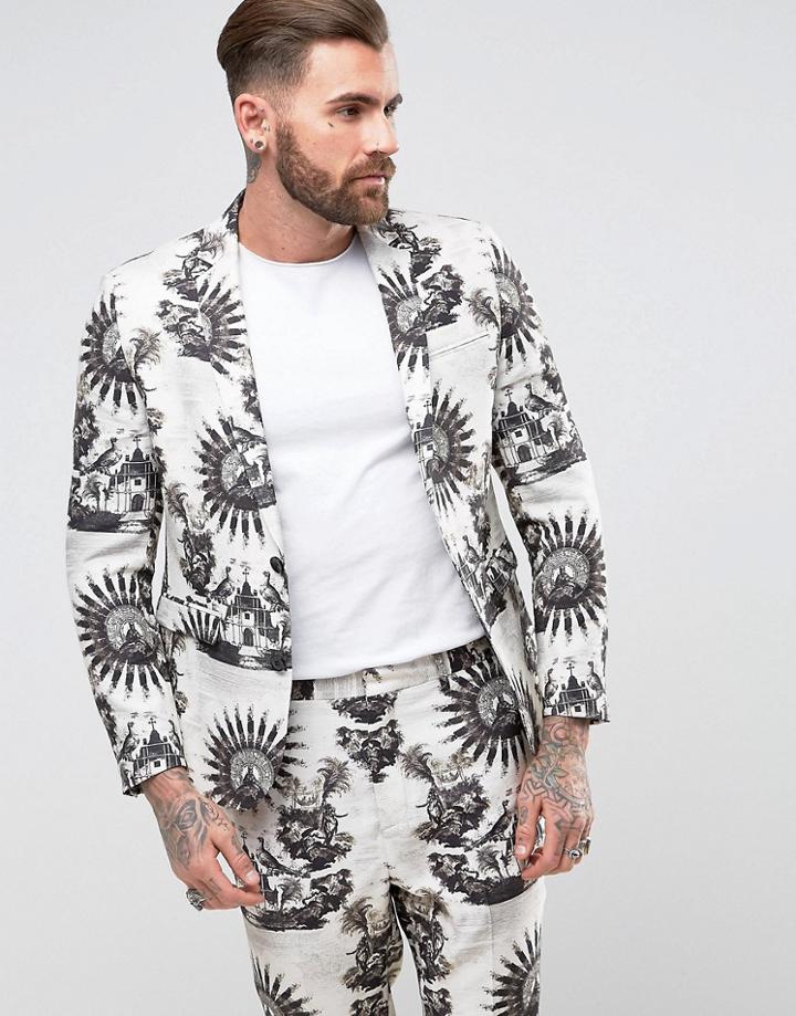 Asos Skinny Suit Jacket With Birdhouse Print - Cream