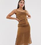 Missguided Satin Dress With Cowl Neck In Brown Spot - Multi