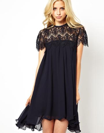 Lydia Bright Swing Dress With Lace Top - Blue