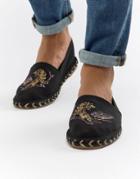 Asos Design Black Espadrilles In Black With Tiger Embroidery - Stone