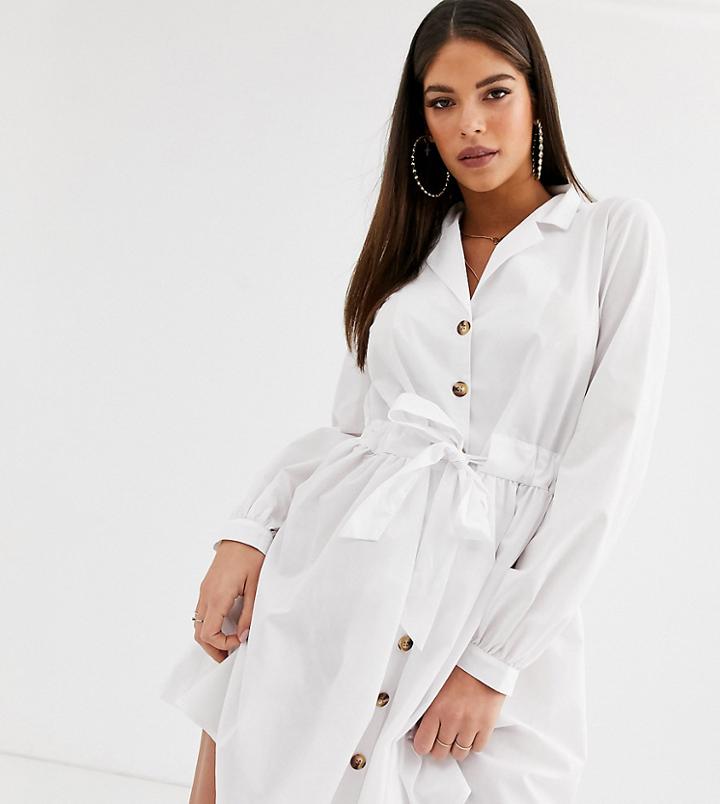 Asos Design Tall Button Through Mini Cotton Shirt Dress With Ruched Waist-white