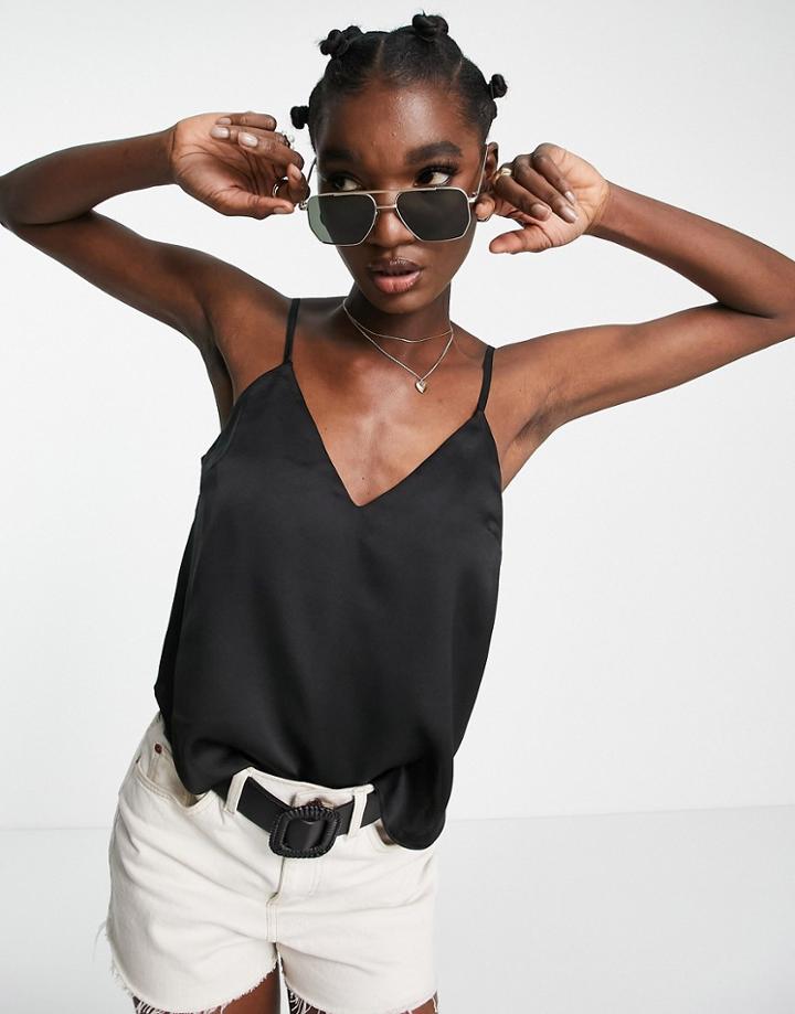 Asos Design Satin Cami With Wrap Back Detail In Black