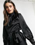 River Island Tie Waist Gathered Satin Blouse In Black