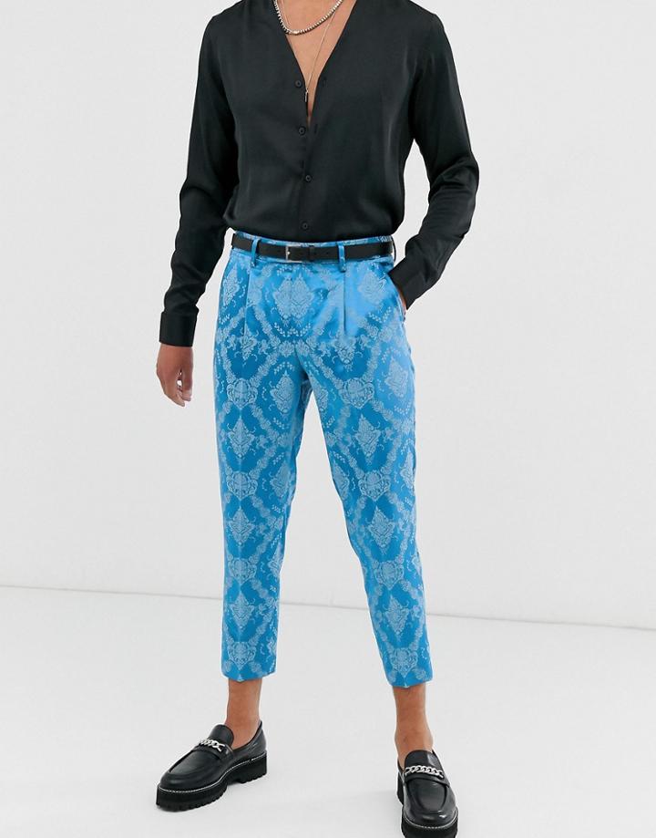 Asos Edition Slim Cropped Suit Pants In Blue Tonal Jacquard